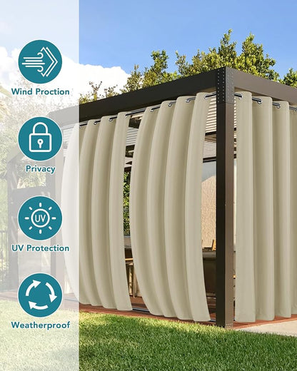 Windproof Outdoor Curtains for Patio Waterproof 6 Pcs 54x95 In Cream | Grommet - Image 3