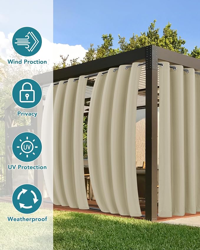 Windproof Outdoor Curtains for Patio Waterproof 4 Pcs 110x120 In Cream | - Image 3