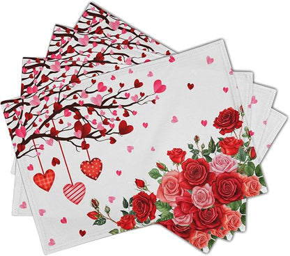 Giwawa Valentine's Day Placemats, Romantic Love Hearts Tree Branches Rose Floral Table Mat, Heat Stain Resistant Linen Place Mats for Kitchen Dining Wedding Anniversary Decor, 12"x18", Set of 4