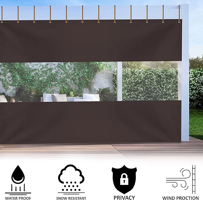 Covers & all Outdoor Clear Panel Curtain, 12 oz Vinyl Outdor Curtains for Patio, Waterproof & Weather Resistant Tarp with Brass Grommets for Pergola, Porch, Gazebos, Balcony (12'H x 8'W feet, Coffee)