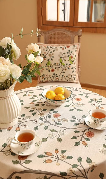 ISAENNE Designer Floral Round Tablecloth,French Linen Light Beige Indoor Table Cloth,Fall Wrinkle Resistant Decor Tablecloths for Dining Thanksgiving Kitchen Party,Diameter 67"-Flora A