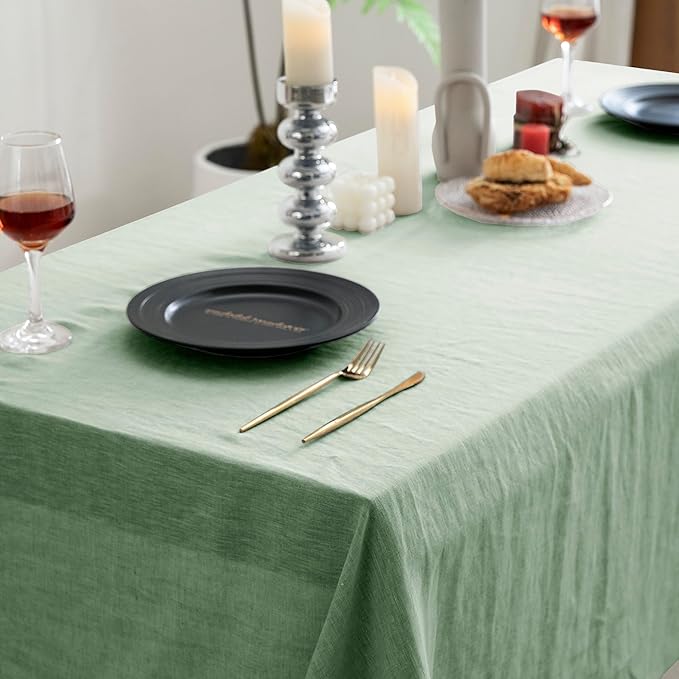 EVERLY 100% Pure Linen Rectangle Tablecloths 60x108Inches for Dining,Buffet Parties,Picnic,Events,Weddings and Restaurants,Decorative Halloween,Thanksgiving Machine Washable Tablecloths-SaGa Green