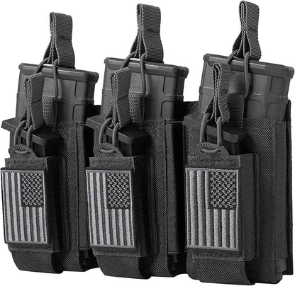 Open-Top Single/Double/Triple Molle Mag Pouch for 5.56mm M4 M16 AK AR Glock M1911 9mm Elastic Rifle Magazines Pistol Mag Pouches Holder Carrier with USA Flag Patch