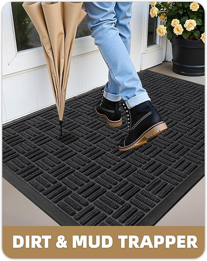 Color&Geometry Large Front Door Mat Outside Entrance, Heavy Duty Non Slip Low Profile Doormat for Entryway, Trap Dirt and Moisture Welcome Mats All-Weather, Easy Clean, Patio, Garage, 28"x60" Black