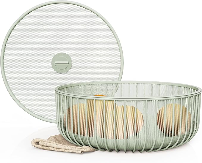Metal Fruitbasket with Mesh Lid and Basket - Fruit and Vegetable Holder For Kitchen Counter - Countertop Display Baskets Organizer - Bowl Storage for Veggie, Fruits, Snack, and Banana - Green