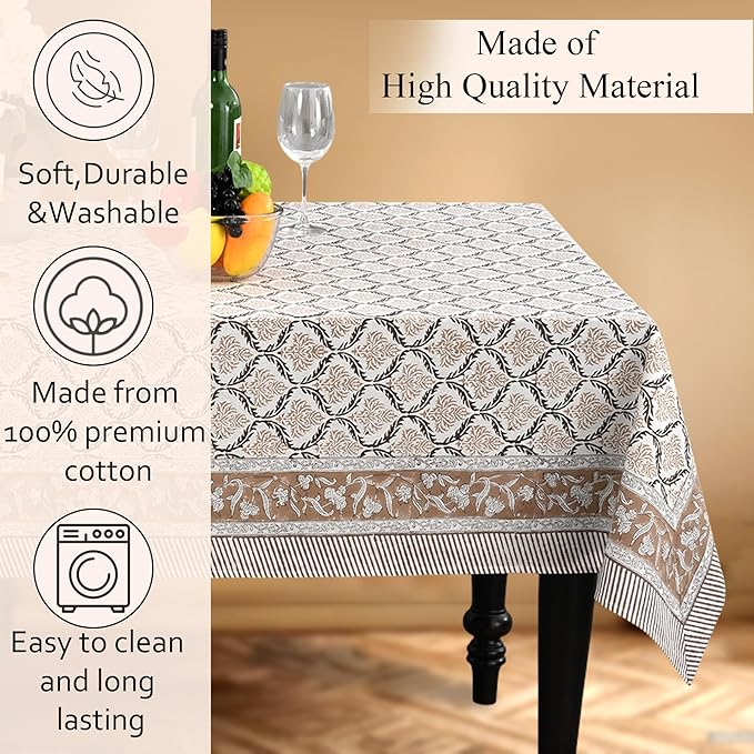 CPC Sandstone Regal Tablecloth 100% Cotton 60x90 Inch Indian Block Print Rectangle Table Cover, Table Cloth for Gifting in Weddings, Halloween, Fall, Christmas, Thanksgiving