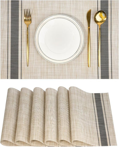 Placemats Set of 6，Non-Slip PVC Weave Table Mats Easy to Clean，Heat Resistant Place Mats for Kitchen Dining Table Decoration Indoor Outdoor，Khaki Gray