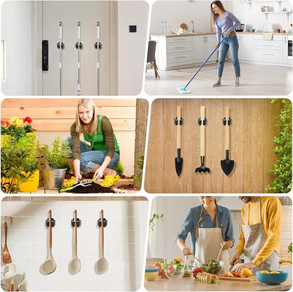 Broom Holder Wall Mount, 7PCS Broom Hanger Wall Mount, Stainless Steel Heavy Duty Mop Holder Broom Mop Hanger Wall with Screws, Garden Outdoor Tool Organizer Rack Broom Hanger (Black)