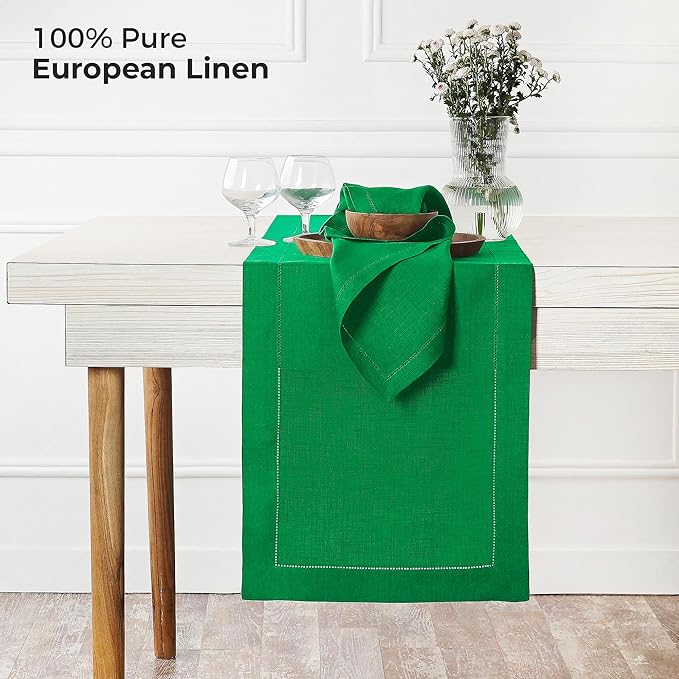D'Moksha Homes Linen Kelly Green Table Runner 132 Inches Long - 100% Pure Linen Extra Long Table Runner 14 x 132 Inch for St Patricks Day, Easter - Classic Hemstitch
