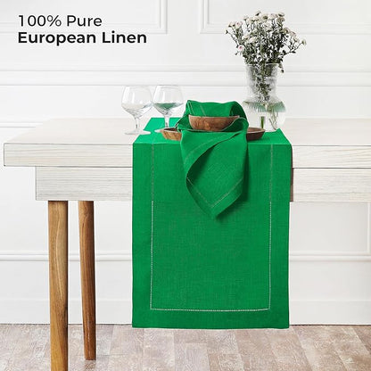D'Moksha Homes Linen Kelly Green Table Runner 108 Inches Long - 100% Pure Linen 14 x 108 Inch Table Runner for St Patricks Day, Easter - Classic Hemstitch