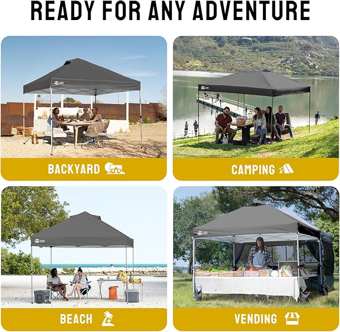 CROWN SHADES 12x12 Pop Up Canopy - Beach Tent with One Push Setup - Easy Outdoor Sun Shade Shelter for Events, Parties - Gazebo with STO-N-Go Cover Bag, Silver Coated Top, Grid Grey