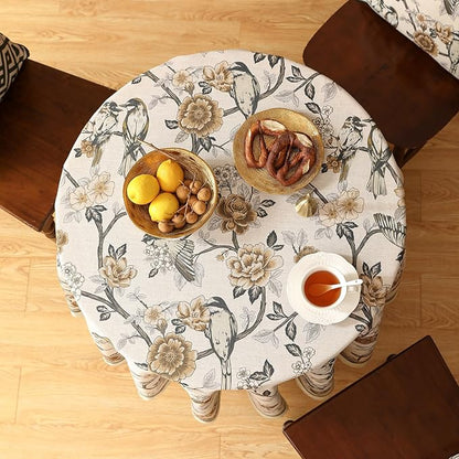 ISAENNE Designer Vintage Linen Round Table Cloth,Floral and Bird Pattern Elegant Tablecloth,Fall Wrinkle Resistant Home Decor Tablecloths for Dining Kitchen Christmas,Diameter 67"-Murad A