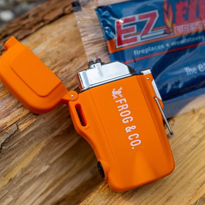 – 25 Pack All-Natural Fire Starters for Campfires, Fire Pits, BBQs & Fireplaces – Long Burning, Weather-Resistant, Non-Toxic + Survival Frog Rechargeable Lighter Kit