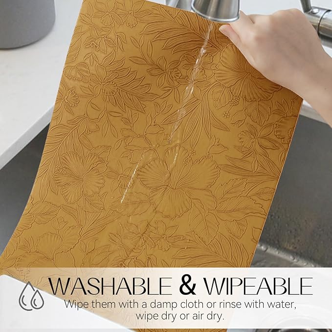 Romanstile Vinyl Placemats Set of 8-12 X 18 Inch - Heat Resistant Non-Slip Embossed Floral Place Mats 100% Waterproof Oilproof Wipeable Faux Leather Table Mats for Kitchen/Dining/Party, Gold