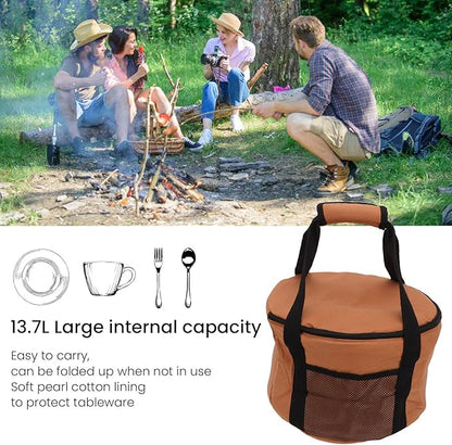 Camping Tableware Carrying Bag, 13.7L Large Capacity Waterproof Picnic Flatware Storage Bag, Outdoor BBQ Round Storage Bag for Plates Dishes Pots Bowls Utensils