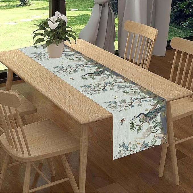 Blue Peacock Table Runner,Rustic Light Blue Crane Floral Branch Table Center Decor for Home Dining Kitchen Patio Holiday Party Indoor Table Decorations, 13"x36"