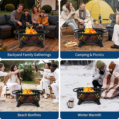 36-Inch Outdoor Wood Burning Fire Pit with Lid & Spark Screen, Heavy Duty Steel, BBQ Grill Grate, Poker, for Backyard, Patio, Campfire