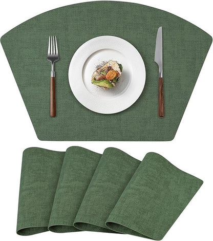 Round Table Placemats Set of 4, Faux Leather Wedge Shape Place Mats Heat Resistant Wipeable Washable Table Mats for Dining Outdoor Indoor, Green