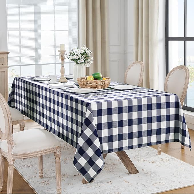 Softalker Gingham Checkered Tablecloth Rectangle - Outdoor Waterproof Buffalo Plaid Table Cloth, Stain Resistant Washable Table Cover for Picnic, Camping, Dining - Navy Blue and White, 60 x 120 Inch