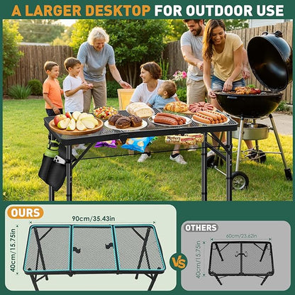 DeeprBetter Folding Camping Table, 3ft Camping Table Aluminum Folding Table with 3 Adjustable Height Max 27.5 Inch Picnic Table Portable Table for Outdoor Backyard BBQ, Beach
