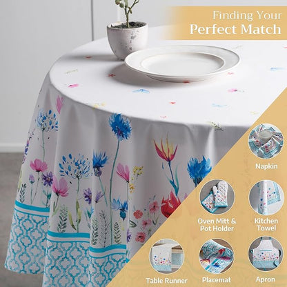 Maison d' Hermine Table Cloth Round Table 100% Cotton 69 Inches Tablecloth Reusable Decorative for Dining Room, Farmhouse, Home, Party, Festive & Wedding Spring Summer - Flower in The Field