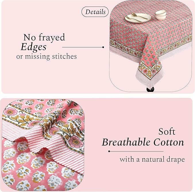 Cotton Print Club-100% Pure Cotton Tablecloth Table Cover - Indian Hand Block Printed Rectangle - for Wedding, Mothers Day Poppy Pink 160" x 72" (Rectangular)