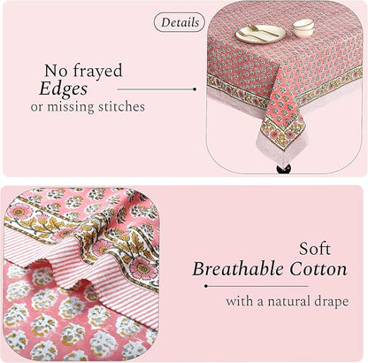 CPC Tablecloth 100% Cotton 70x108 Inch Indian Block Print Rectangle Table Cover, Washable Table Cloth for Weddings, Spring/Summer, Barbeque - Poppy Pink