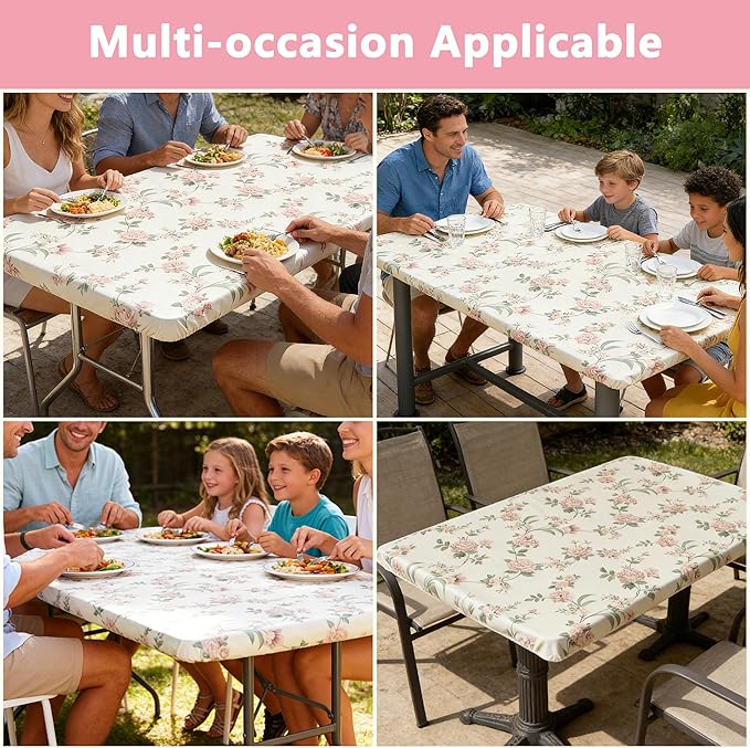 Rectangle Picnic Table Cloth, Elastic Waterproof Fitted Vinyl Tablecloths for 6 Foot Tables, Wipeable Flannel Backed Table Covers for Dining, Camping, Outdoor(Rose,36"x72")
