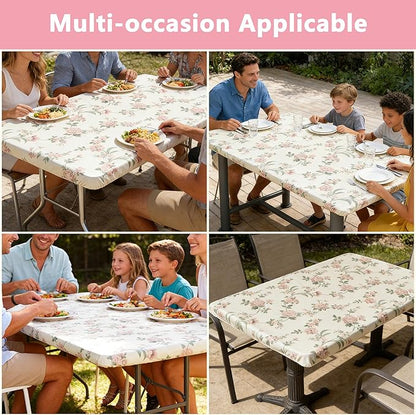 Rectangle Picnic Table Cloth, Elastic Waterproof Fitted Vinyl Tablecloths for 5 Foot Tables, Wipeable Flannel Backed Table Covers for Dining, Camping, Outdoor(Rose,36"x60")