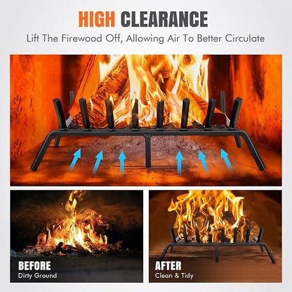 INNO STAGE Fireplace Grates with Ember Retainer - 27 Inch Fireplace Log Grate, Firewood Wood Log Holder Rack, Inside Wrought Cast Iron Fire Grate for Hearth Indoor Outdoor Camping