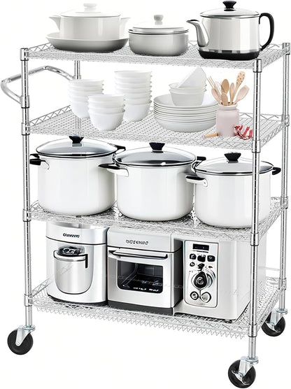 Finnhomy 4 Tier Heavy Duty Commercial Grade Rolling Cart with Handle Bar, Metal Wire Utility Cart with Wheels, Kitchen Service Trolley on Wheels, Shelf Size 18" D x 36" W, NSF, Chrome