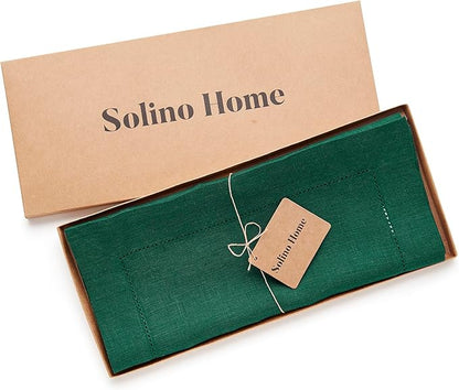 Solino Home Linen Rainforest Green Table Runner 132 Inches Long - 100% Pure Linen Extra Long Table Runner 14 x 132 Inch for Winter, St Patricks Day - Classic Hemstitch