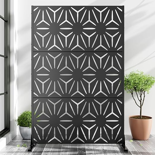 Casaphoria Metal Privacy Screen Outdoor, 72" H x 47" W Freestanding Decorative Privacy Screen for Patio Deck Balcony Garden with Stable Base, Star Black