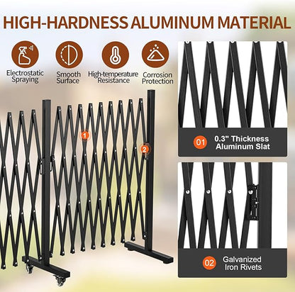 TECSPACE Aluminum Expandable Garden Fence, Portable Barricade Gate with Casters, Expansion Size 201×15.2×40.6 inches, Adjustable Flexible Fence Mobile Barricade Safety Barrier
