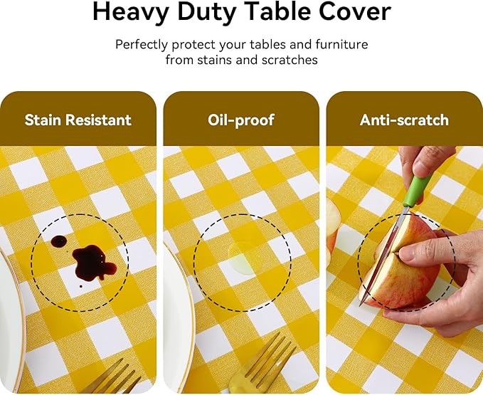 Romanstile Rectangle Vinyl Tablecloth, 100% Waterproof Buffalo Gingham Plastic Table Cloth, Heavy Duty Wipeable Checkered Table Covers for Outdoor, Camping, Picnic, Patio - 54 x 78, Yellow and White