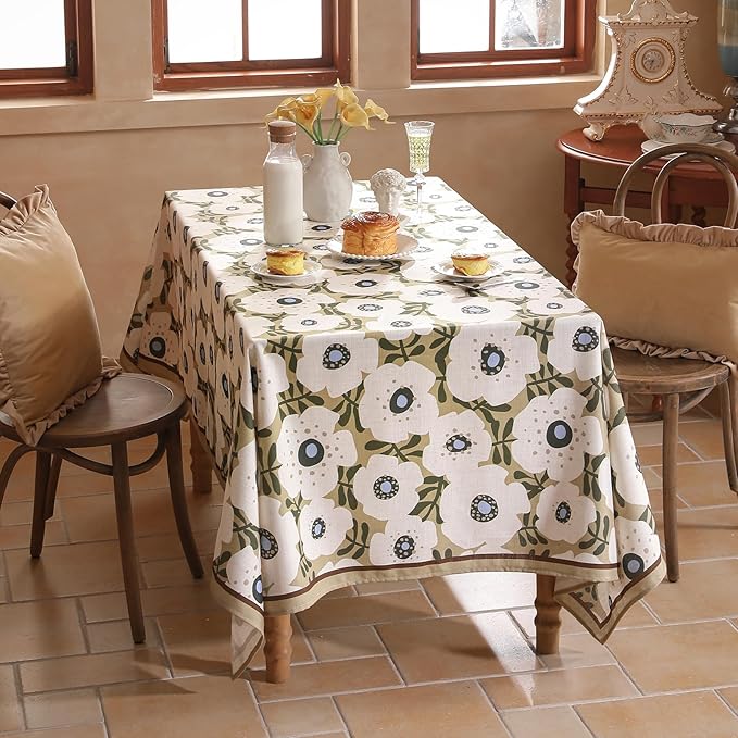Designer Vintage Small Square Tablecloth,Linen French Tablecloth with White Floral Pattern,Decorative Table Cover for Kitchen,Dining,Thanksgiving,Tea Party,55" × 55"-Hidaka