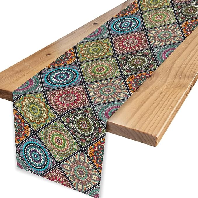 Bohemian Mandala Table Runner, Vintage Colorful Boho Geometric Floral Flower Antique Paisley Rustic Coffee Table Center Decor for Family Kitchen and Living Room Outdoor Table Decorations, 13"x72"