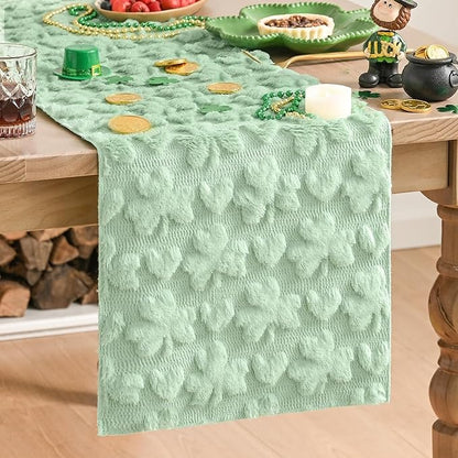 Artoid Mode Sage Green Soft Plush Faux Fur Jacquard Heart Clover St. Patrick's Day Table Runner, Seasonal Kitchen Dining Table Decoration for Home Party Decor 13x60 Inch