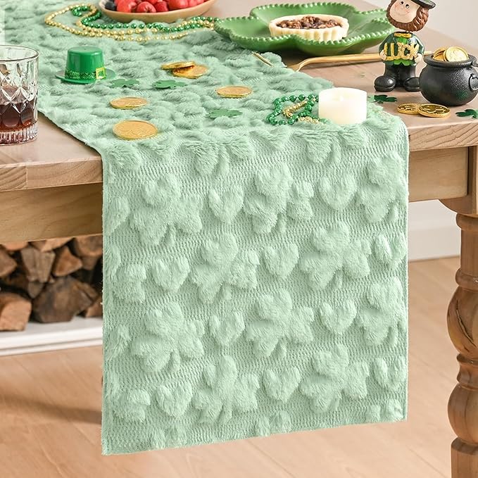 Artoid Mode Sage Green Soft Plush Faux Fur Jacquard Heart Clover St. Patrick's Day Table Runner, Seasonal Kitchen Dining Table Decoration for Home Party Decor 13x90 Inch