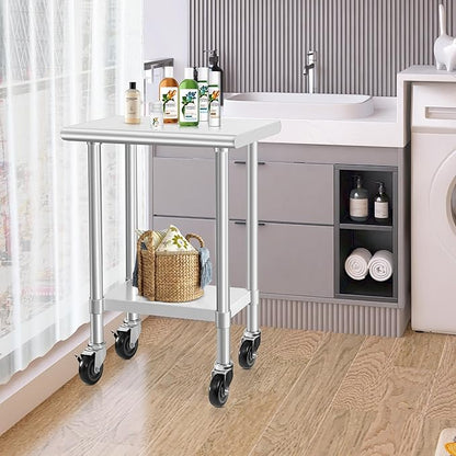 HARDURA Stainless Steel Commercial Table Prep & Work Table with Casters Heavy Duty Metal Table with Wheels NSF 430 18×24 Inches