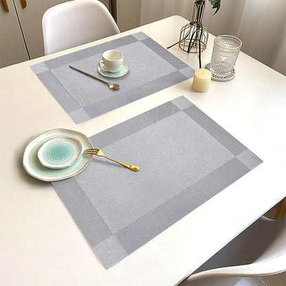 Placemats Set of 12 Washable&Wipeable Silver Place mats for Dining Table Kitchen Indoor Outdoor Table Mats Heat Resistant Non Slip Woven Vinyl Table Placemats (Grey，12PCS)