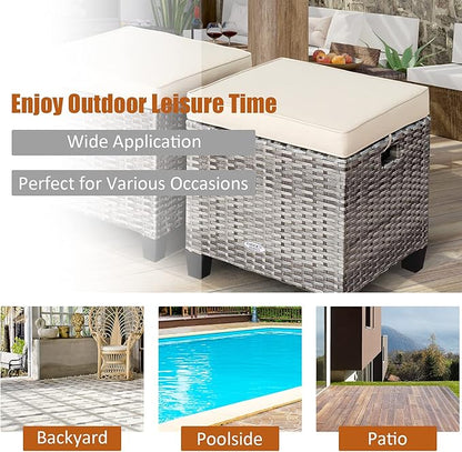 Tangkula 2 Pieces Patio Rattan Ottomans, Outdoor Wicker Footstool Footrest Seat with Soft Cushions and Steel Frame, All-Weather Patio Ottoman Set for Backyard Garden Poolside