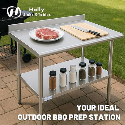 Hally Stainless Steel Table for Prep & Work 24 x 24 Inches, NSF Commercial Heavy Duty Table with Undershelf and Backsplash for Restaurant, Home and Hotel