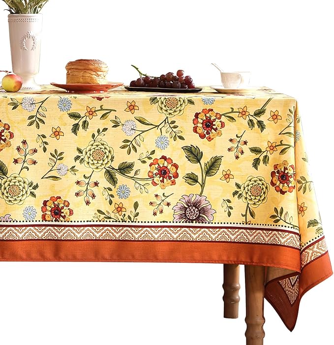 Vintage Linen Tablecloth for Rectangle Table,Yellow Floral French Wrinkle Free Extra Long Tablecloths,Decor Table Cover for Kitchen,Dining,Thanksgiving,Farmhouse,63" × 110"-Bellano