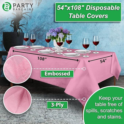 PARTY BARGAINS 10 Disposable Table Covers - 54" X 108" Pink Table Cover, 3 Ply Paper & Plastic Tablecloth