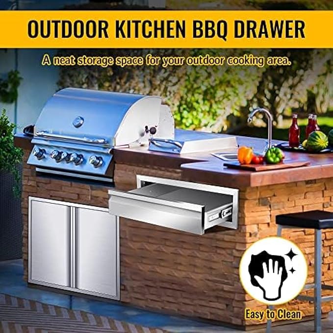Outdoor Kitchen Drawers, Box Frame Style Flush Mount BBQ Drawer w/Stainless Steel Handle, BBQ Island Drawers For Patio Grill Station,Single Drawer