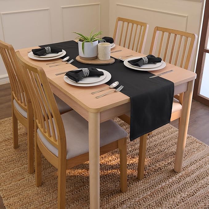 Encasa XO Table Runner 13x72 in Long | Cotton Canvas Fabric | Jet Black Solid Color | Machine Washable & Durable