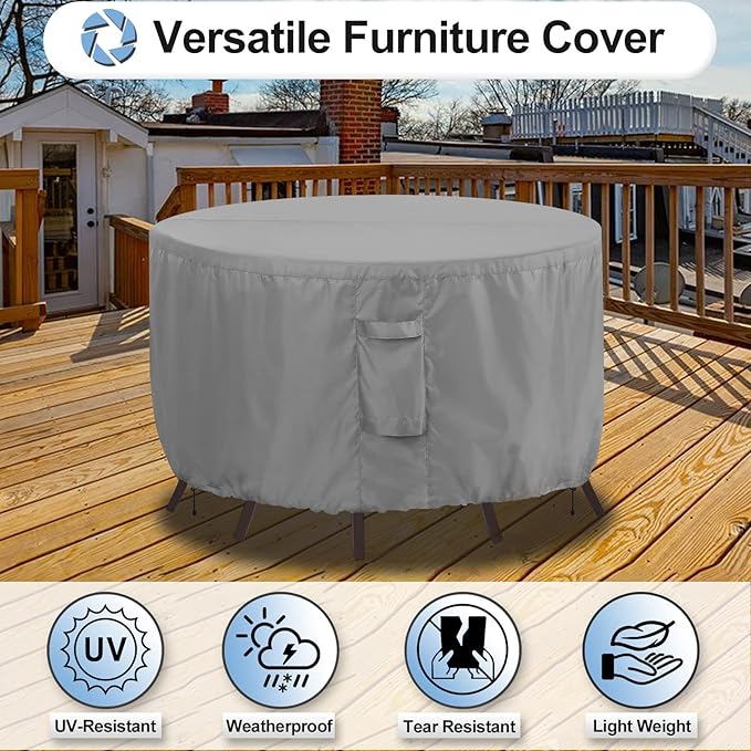OutdoorLines Outdoor Waterproof Patio Table Furniture Set Covers - Round Couch Sectional Cover Outside Weatherproof Patio Furniture Covering for Deck, Lawn and Backyard 96" DIA x 28" H, Grey