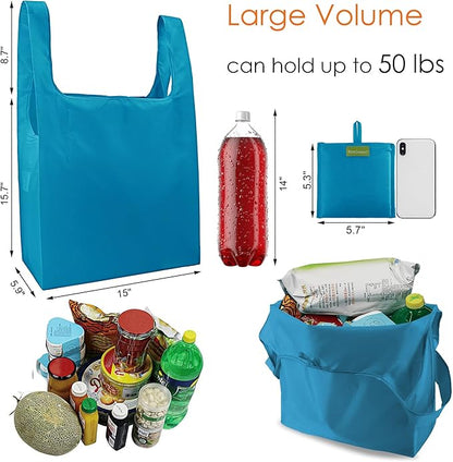 BeeGreen Light Blue Reusable Grocery Bags with Zipper Storage Pouch 10 Packs Blue Reusable Shopping Bags Bulk Foldable-Machine Washable