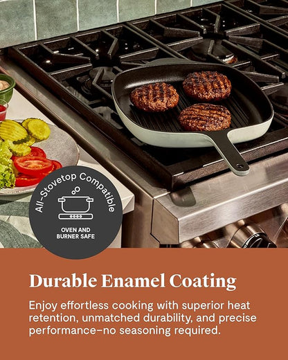 Caraway Enameled Cast Iron Grill Pan - 10.5” Grill Pan for Stovetop Cooking - 3 Layer Enamel Coating - No Seasoning Required - Compatible With All Stovetops - Free From Forever Chemicals - Light Mist